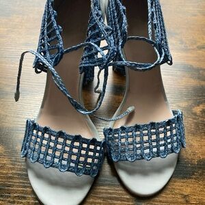 Stuart Weitzman Wicker Heels Size 7.5 Blue Lace Up Design Solid Block Heel